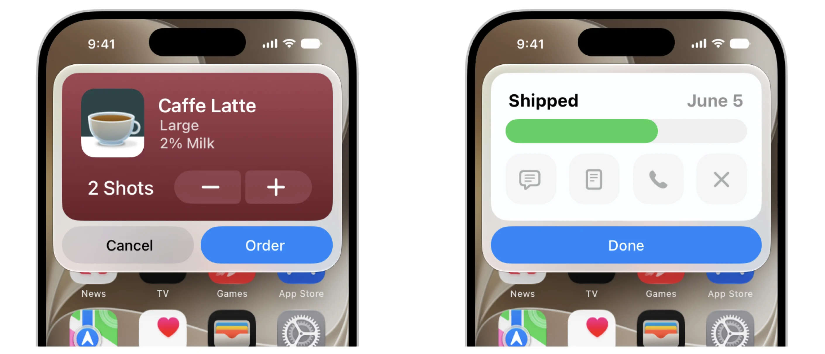 Two iPhone screens display app snippets. The left screen displays a coffee order for a large Caffe Latte with 2 shots and 2% milk, with options to cancel or order. The right screen shows a "Shipped" notification with a progress bar and the date June 5, along with icons for messaging, documents, and calls, and a "Done" button.