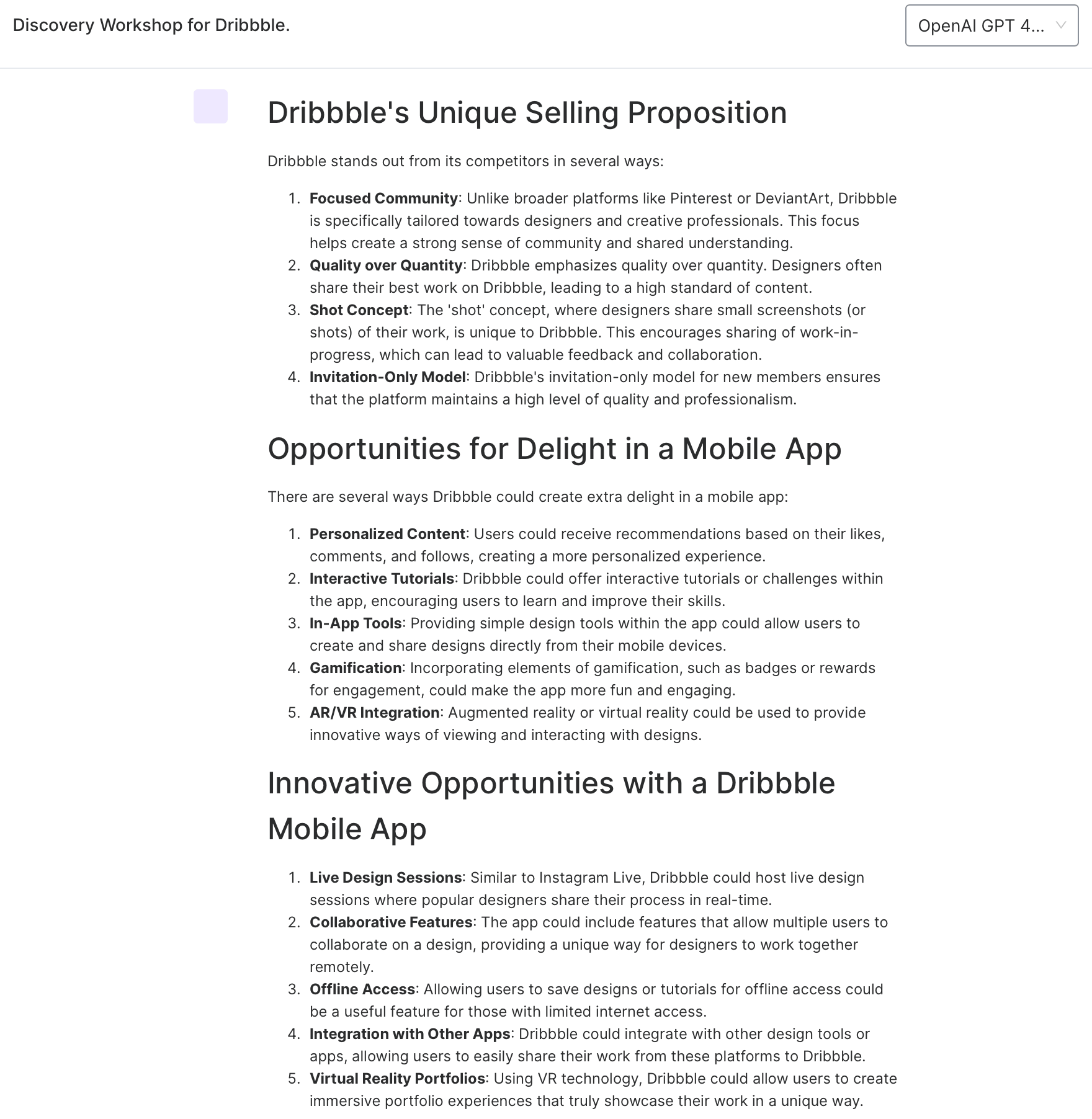 AI-generated research results from an ArcTouch app strategy workshop