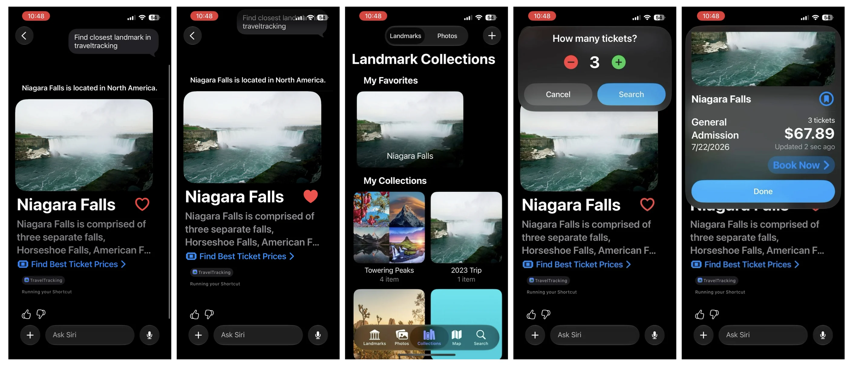 The image displays a series of screenshots from a user interacting with Siri, asking for information and booking options for Niagara Falls. As the interaction progresses, Siri shares details about the landmark, shows a set of Landmark Collections, lets the user select the number of tickets, and displays the total price with an option to book.