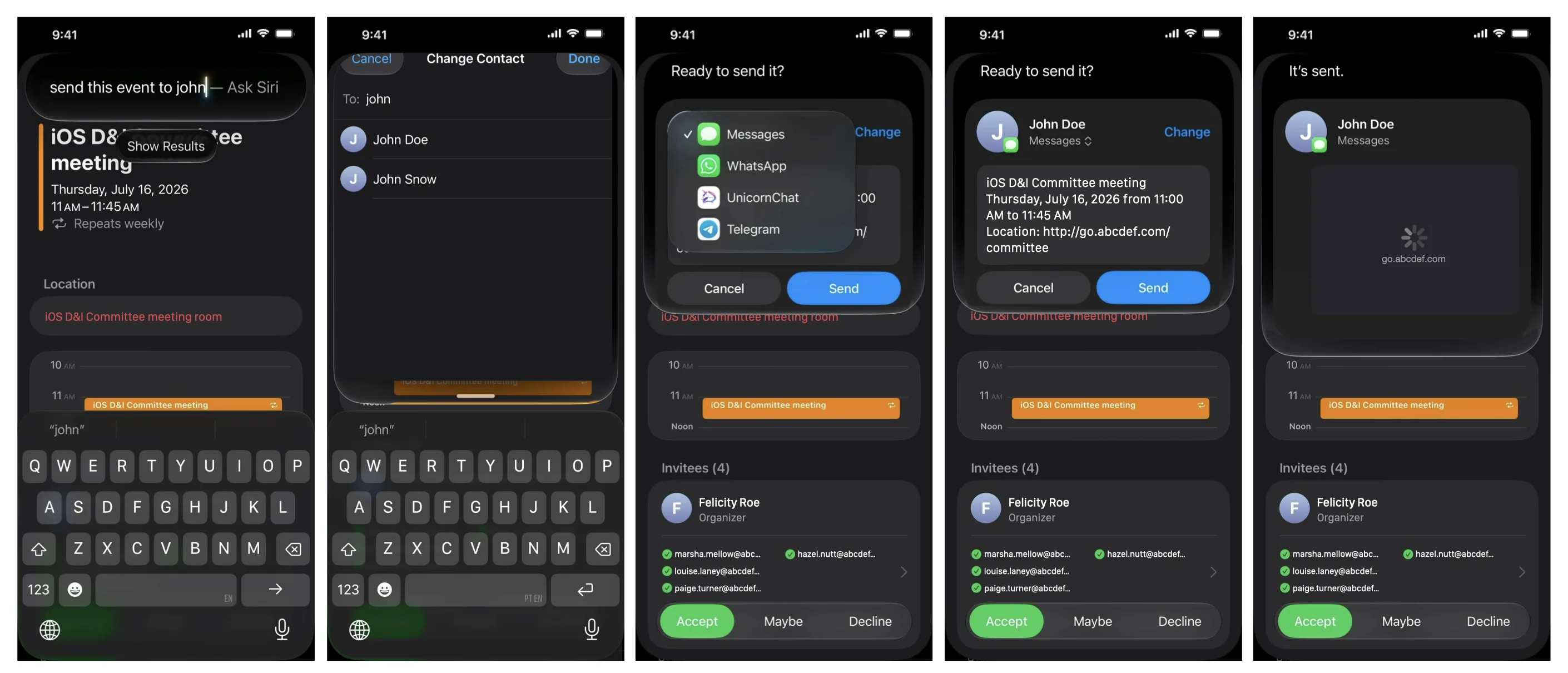 This is a series of screenshots showing a user interacting with Siri to send a meeting invitation. The screenshots progress through selecting the messaging app, confirming the recipient and event details, and finally showing the event being sent.
