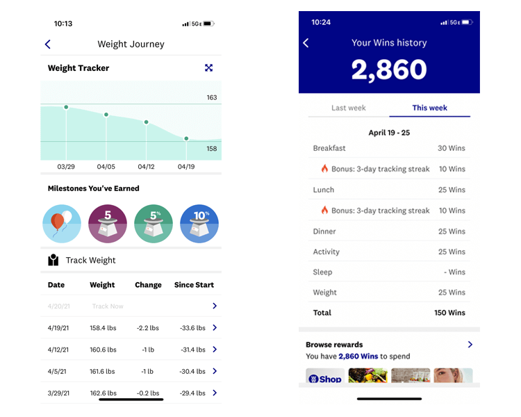 WW app gamification showing badges and streaks