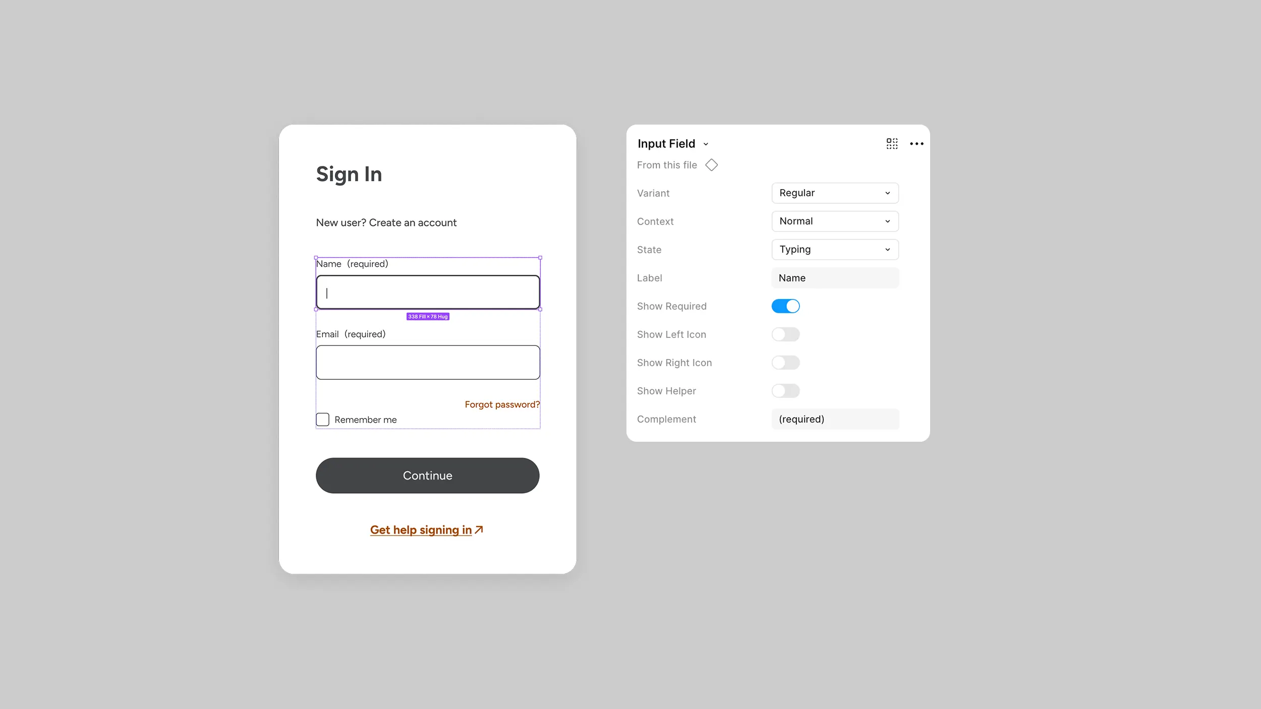Screenshot of a sign-in form user interface side-by-side with a component configuration panel displaying "Input field" settings.