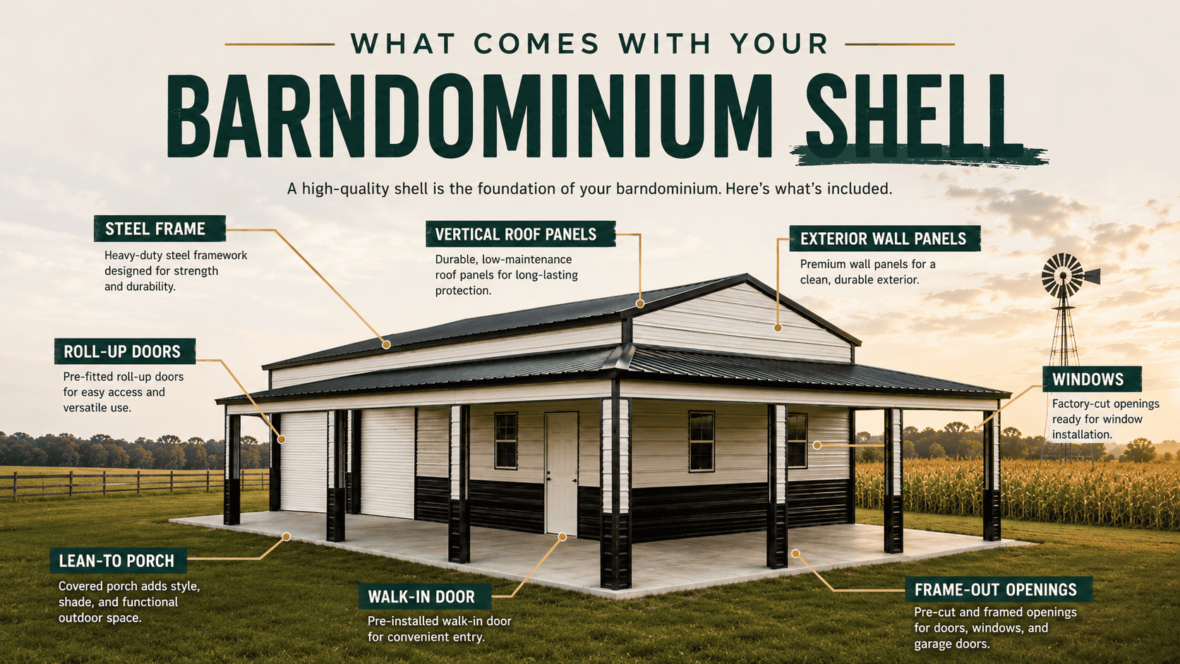 Barndominium shell package with labeled roof panels, exterior walls, doors, windows, frame outs, and lean-to porch
