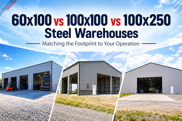 60x100 vs 100x100 vs 100x250 Steel Warehouses - Blog Featured Image 600x400