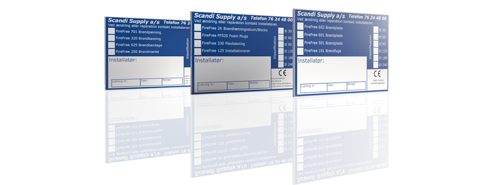 FireFree CE etiket til dokumentation af korrekt Passiv Brandsikring af installationsgennemføringer.