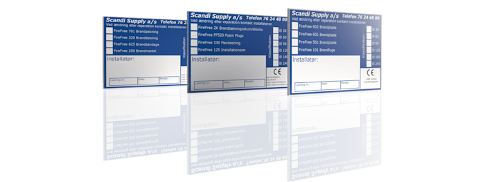 FireFree CE etiket til dokumentation af korrekt Passiv Brandsikring af installationsgennemføringer.