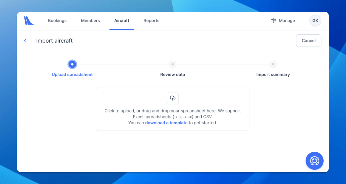 Tailplane platform import fleet from Excel screenshot