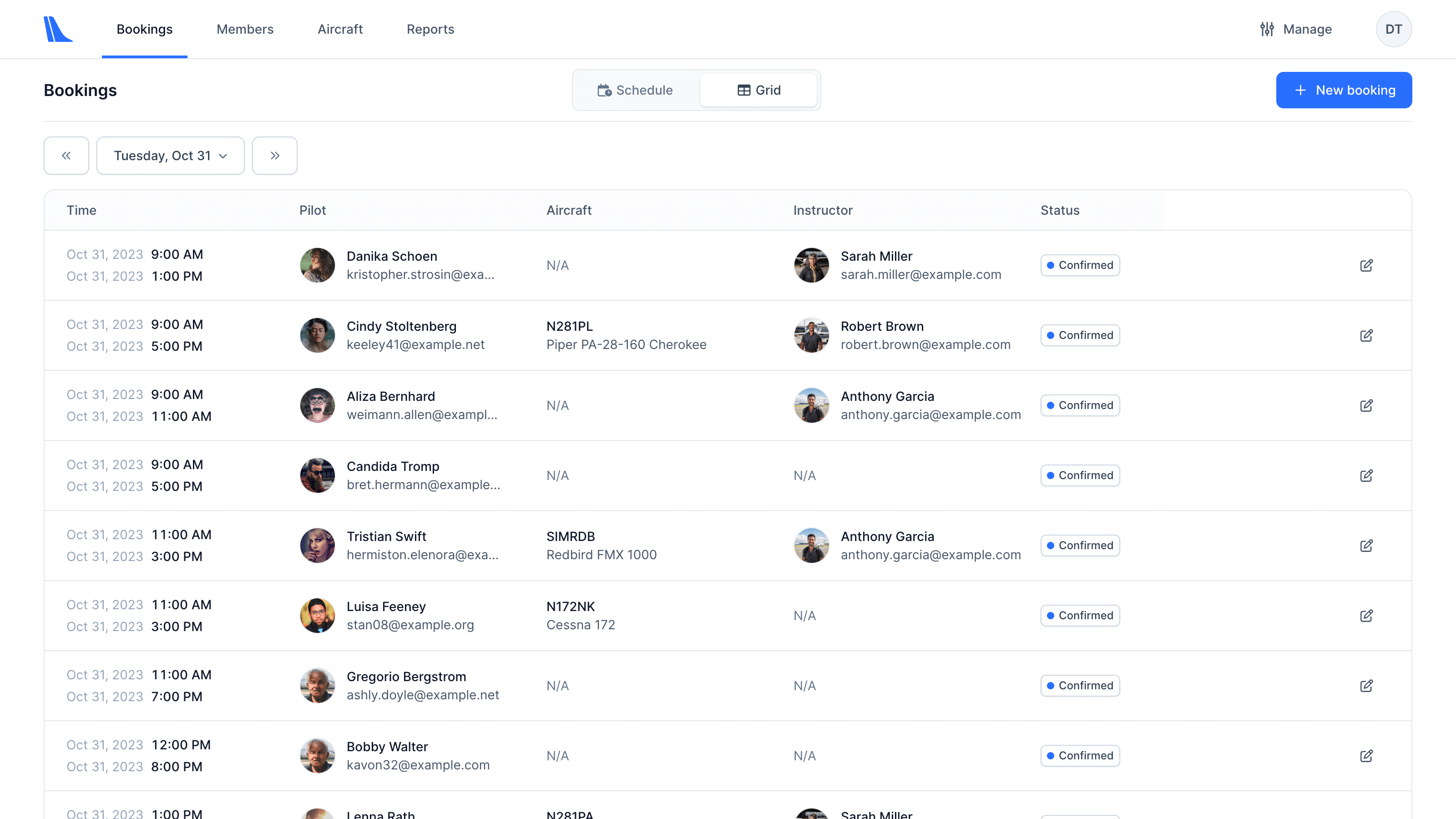Tailplane Schedule Table Screenshot