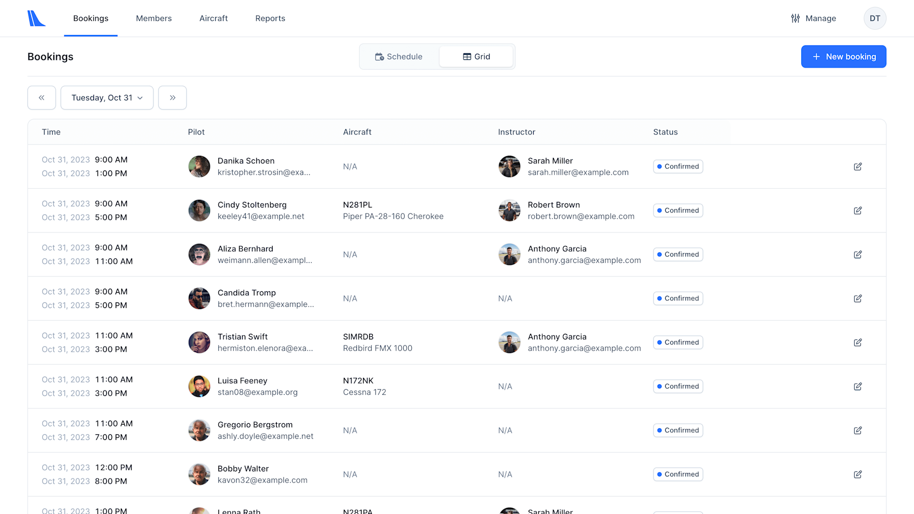Tailplane Schedule Table Screenshot