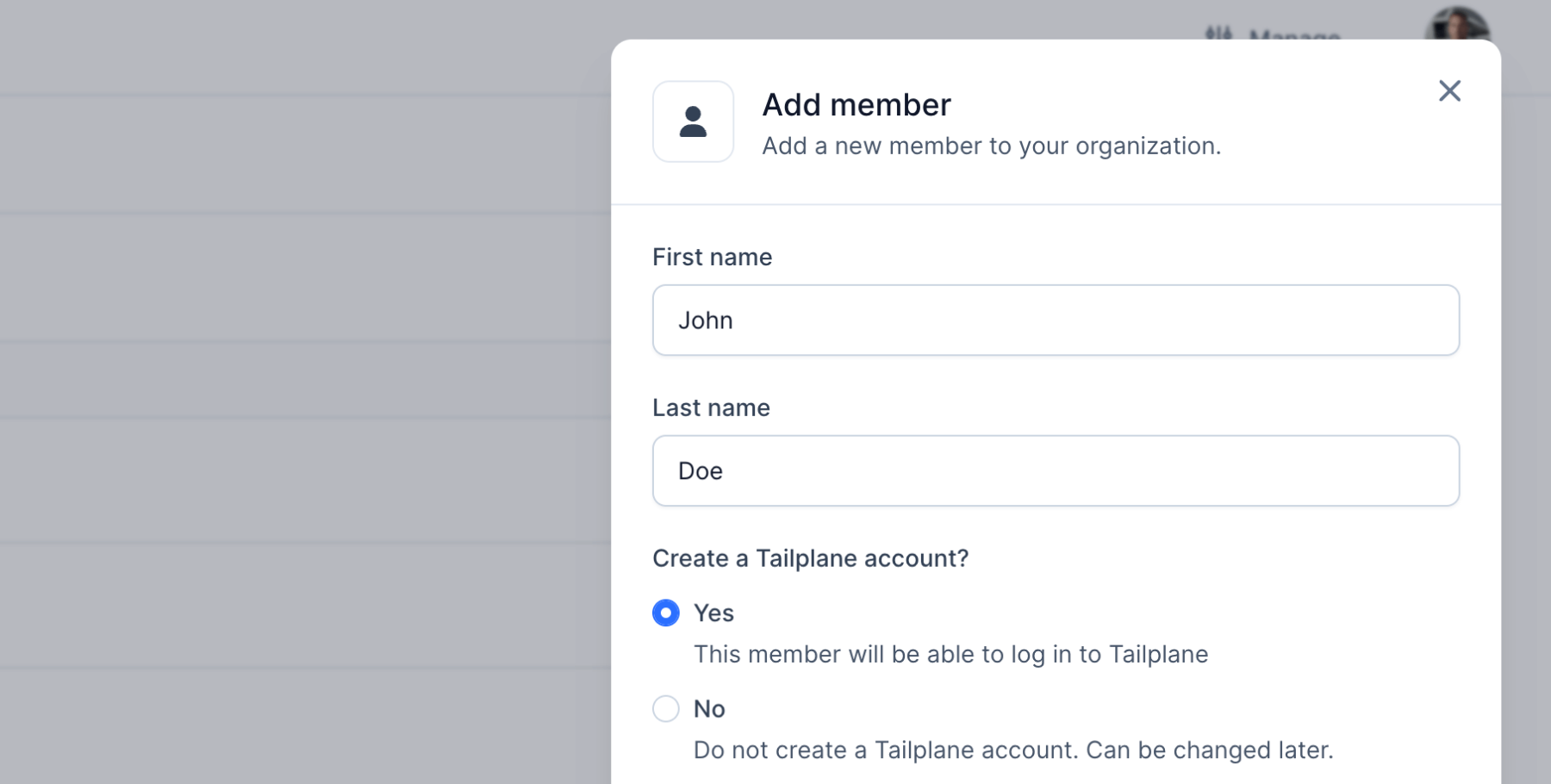 Tailplane platform add member without an account screenshot
