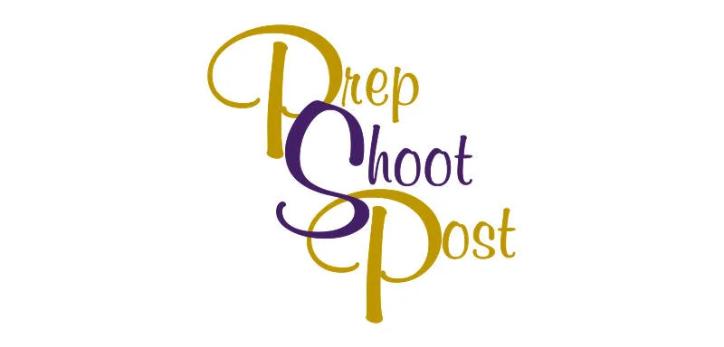 Logo with the words "Prep Shoot Post" in a decorative font, with the letters "P," "S," and "P" enlarged and overlapping. The text is in gold and purple on a white background.