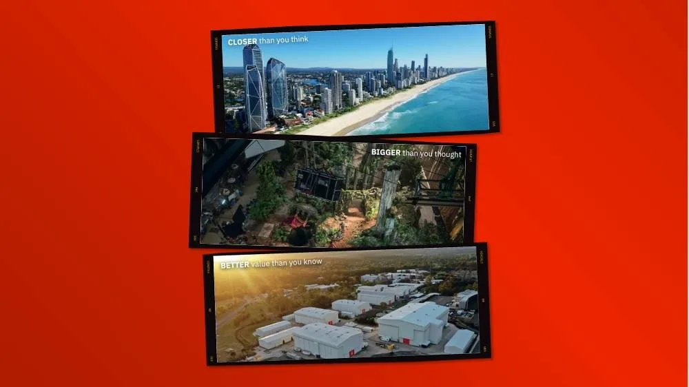Three rectangular images on a red background show a city beach, a forest set, and studio buildings, each labeled “CLOSER than you think,” “BIGGER than you’d think,” and “LATER than you knew.”.