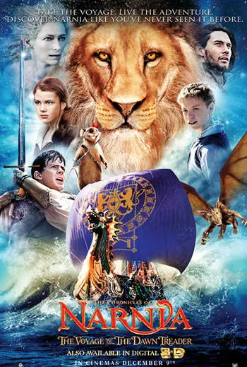 Movie poster for "The Chronicles of Narnia: The Voyage of the Dawn Treader" featuring a large lion’s face, main characters, a purple sail with a gold emblem, and a dragon against a magical, oceanic background.