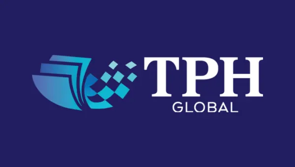 Logo for TPH Global featuring stylized blue shapes resembling pages or sails and a checkered pattern, next to the text "TPH GLOBAL" in white on a dark blue background.