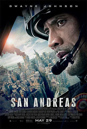 Movie poster for “San Andreas” showing a close-up of a helicopter pilot wearing a helmet, with a devastated city and smoke rising in the background. The title and release date are at the bottom.
