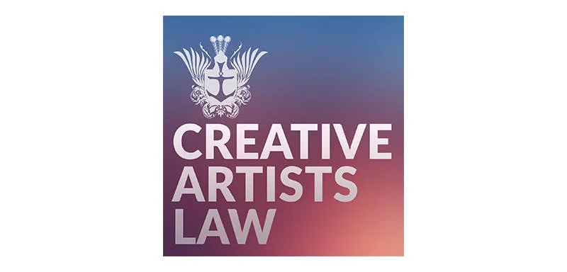 A square logo with a gradient blue to pink background features a white emblem above the bold white text "CREATIVE ARTISTS LAW.