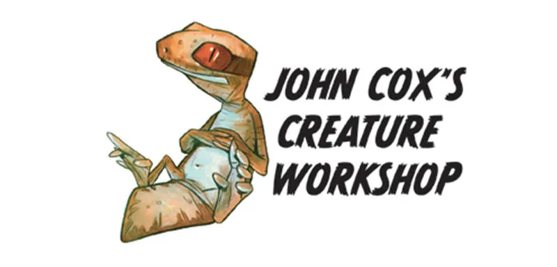 A cartoon lizard with orange spots reclines and gestures with one hand. Next to it, bold black text reads "JOHN COX'S CREATURE WORKSHOP" on a white background.