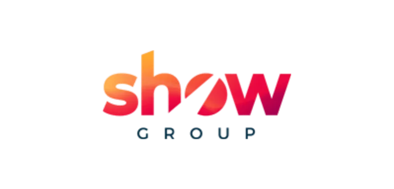 The image shows a logo with the word "show" in a gradient color from orange to pink, and the word "GROUP" in smaller, dark blue letters underneath. The "o" in "show" has a diagonal white slash through it.