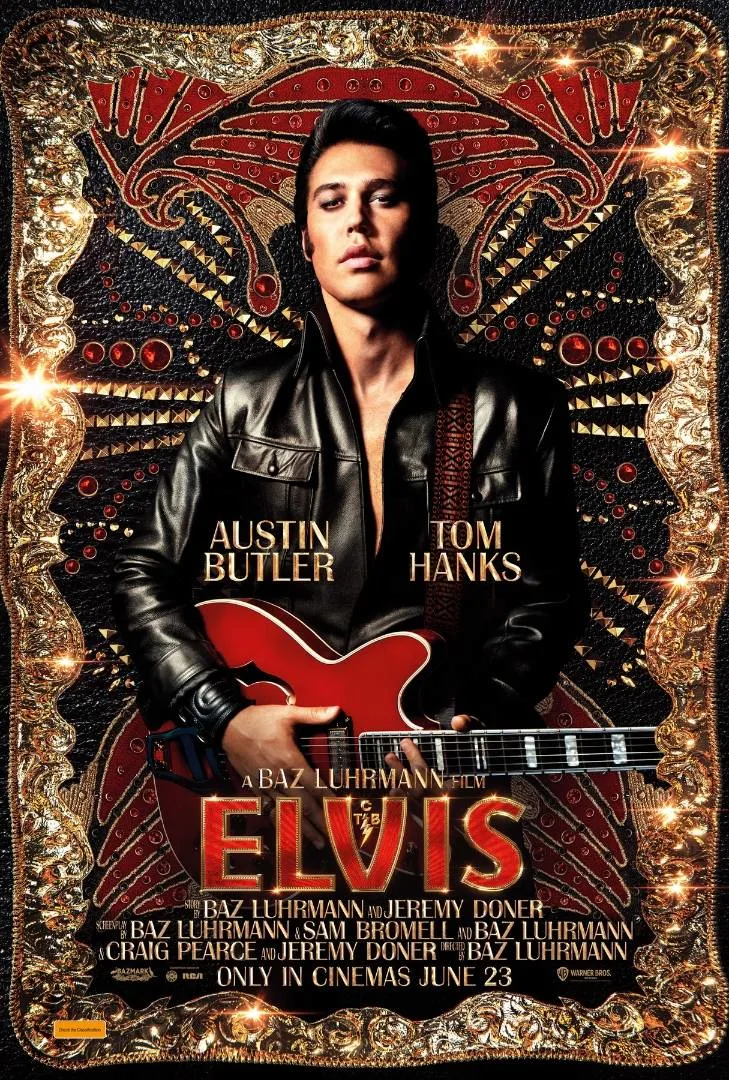 A movie poster for "Elvis" featuring Austin Butler dressed as Elvis Presley in a black leather outfit, holding a red guitar. The background is ornate and decorative. The names Austin Butler and Tom Hanks are featured.