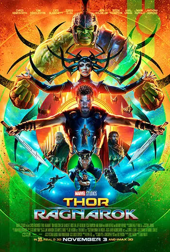 Colorful "Thor: Ragnarok" movie poster featuring Thor with swords, Hulk above him, Hela with horns, and other characters in the background, surrounded by vibrant, circular patterns and the movie title at the bottom.