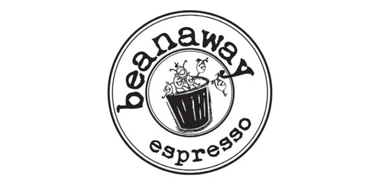A circular logo with the words "beanaway espresso" around a central illustration of a coffee cup filled with smiling coffee beans. The text is stylized and playful.