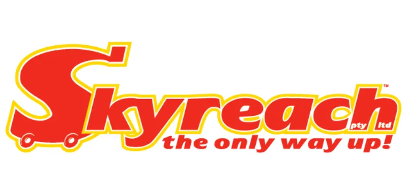 Skyreach logo featuring the word "Skyreach" in bold red and yellow letters, with a stylized letter "S" shaped like a lift. The tagline "the only way up!" appears below in red text.