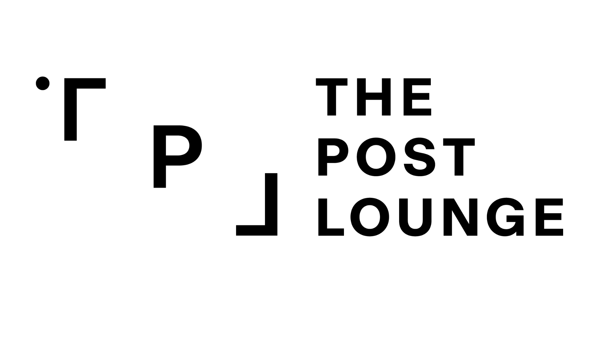 Logo for The Post Lounge, featuring stylized geometric brackets framing a letter P, followed by the text “THE POST LOUNGE.”