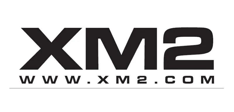 Black bold letters "XM2" are centered above the website URL "www.xm2.com" written in smaller black text on a white background.