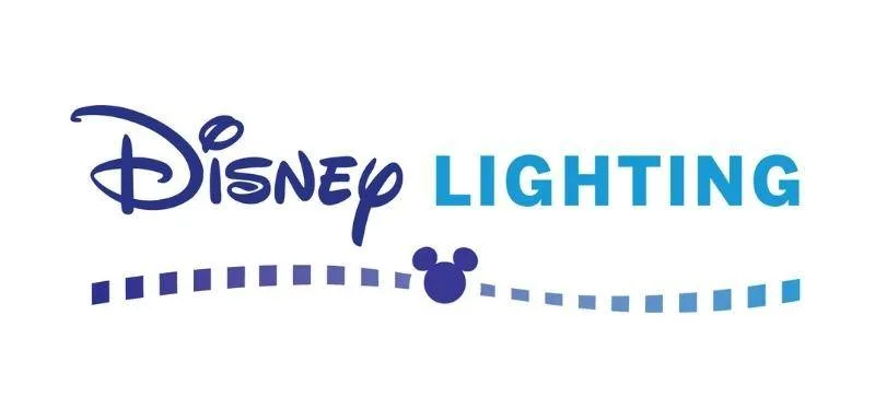 The Disney Lighting logo features "Disney" in a playful blue script, "LIGHTING" in bold blue letters, and a dotted line with a Mickey Mouse head shape in the center.