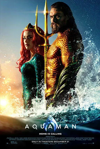 Two characters stand in water, one holding a golden trident. The man wears green and gold armor, the woman has long red hair and a teal suit. The title "Aquaman" appears at the bottom with waves and sunlight in the background.
