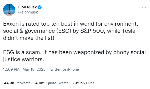 Elon Musk ESG Tweet May 18 2022