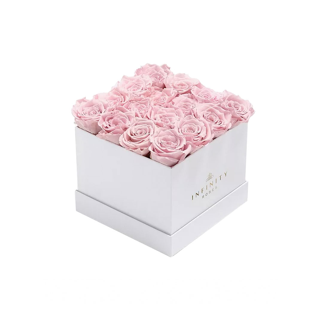 Infinity Roses Square Box of 16 Pink Real Roses Preserve