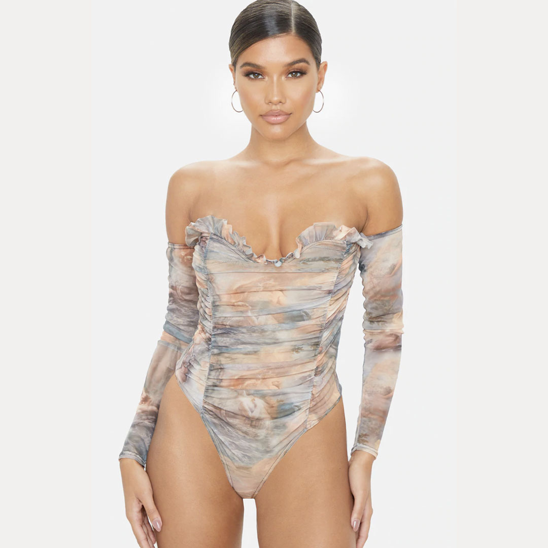 Multi Water Renaissance Printed Mesh Ruched Bardot Bodysuit
