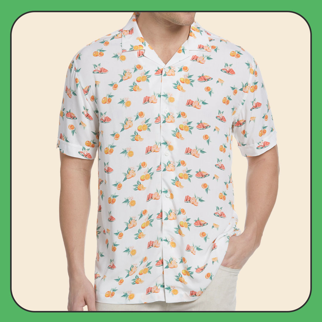 Mens Warehouse Cubavera Modern Fit Camp Shirt, White Tropical Fruit