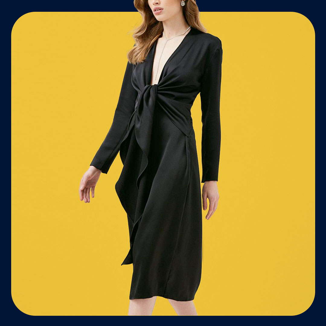 Karen Millen Crepe Tie Front Midi Dress Black