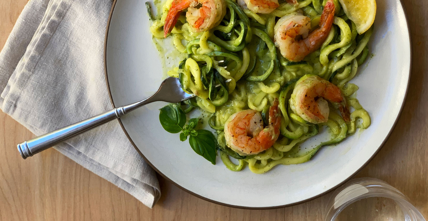 Zucchini Noodles with Avocado Pesto & Shrimp