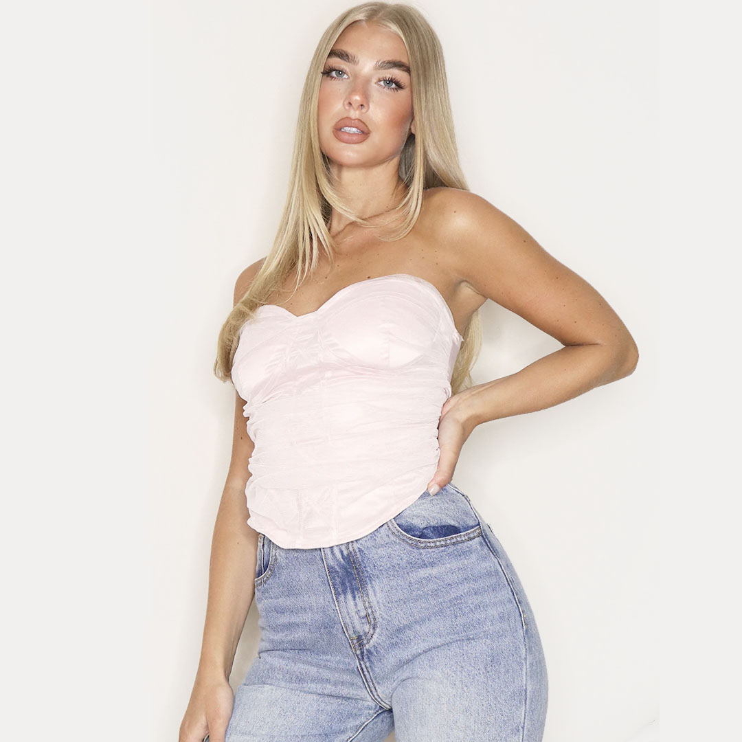 PINK MESH LACE UP FRONT BANDEAU CORSET