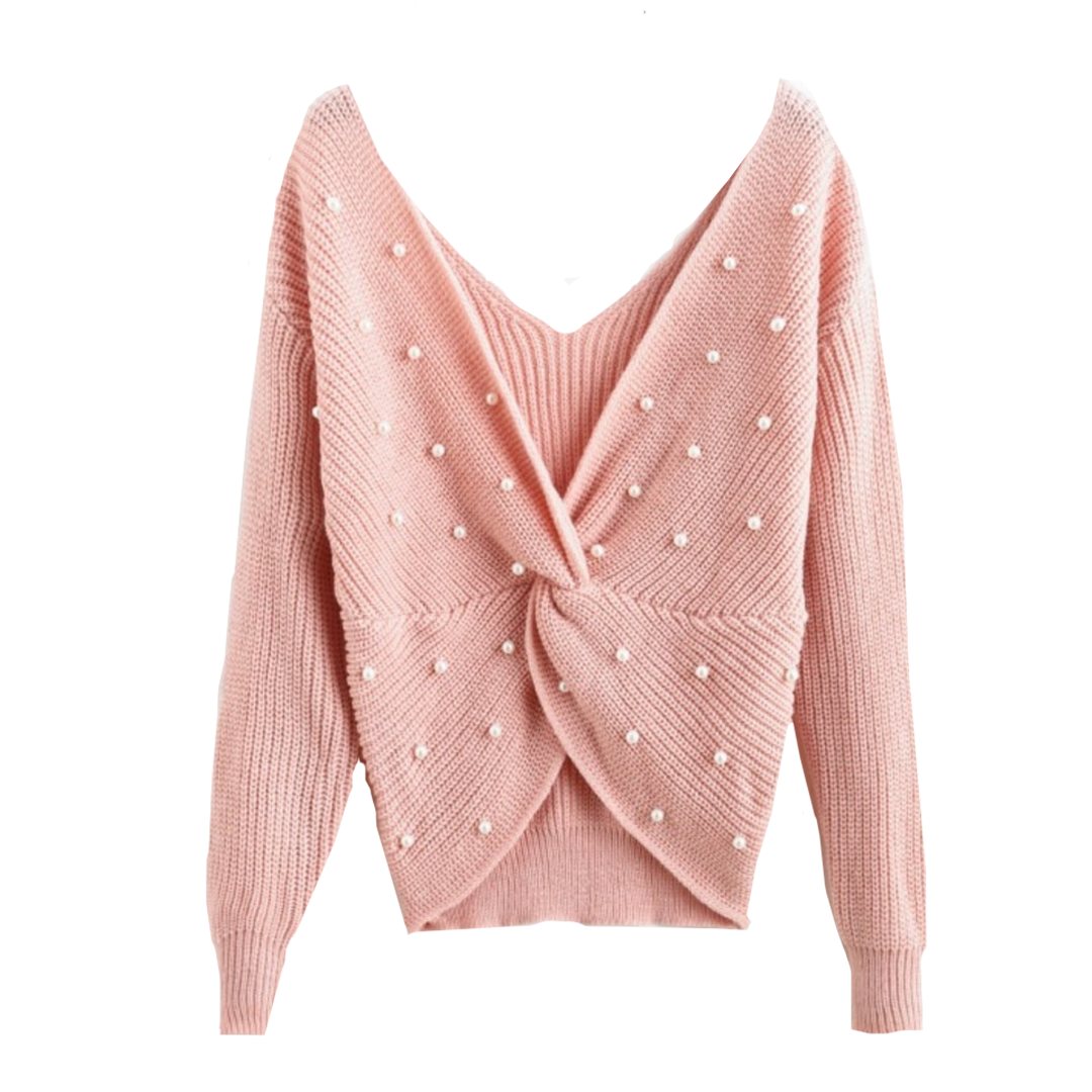 ZAFUL Pullover V Neck Twist Front Faux Pearls Sweater
