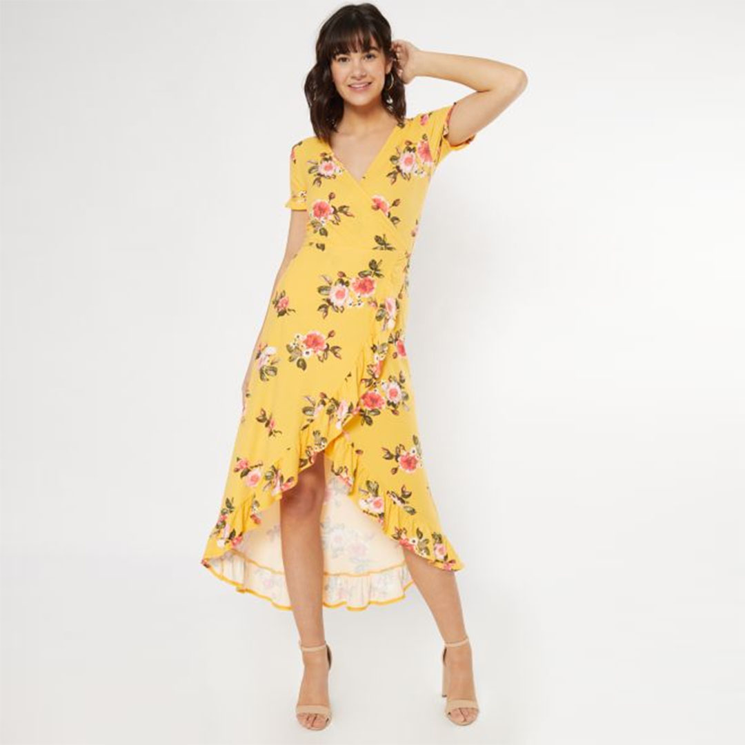 Yellow Floral Print Super Soft Ruffle Trim Maxi Dress