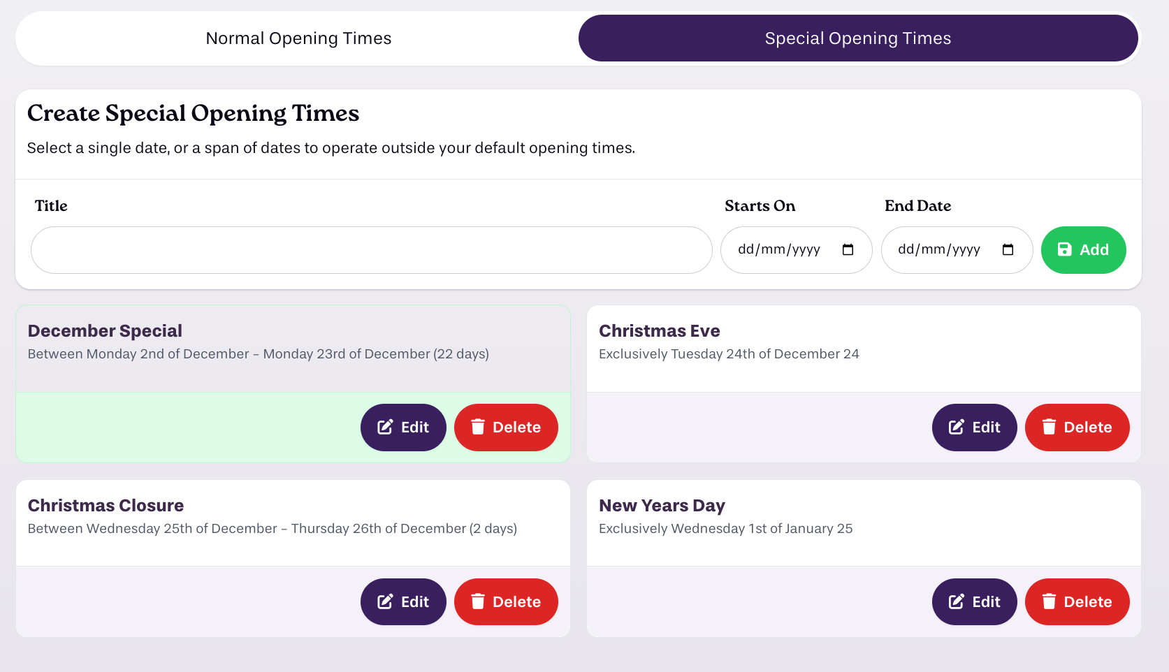 Special Opening Times