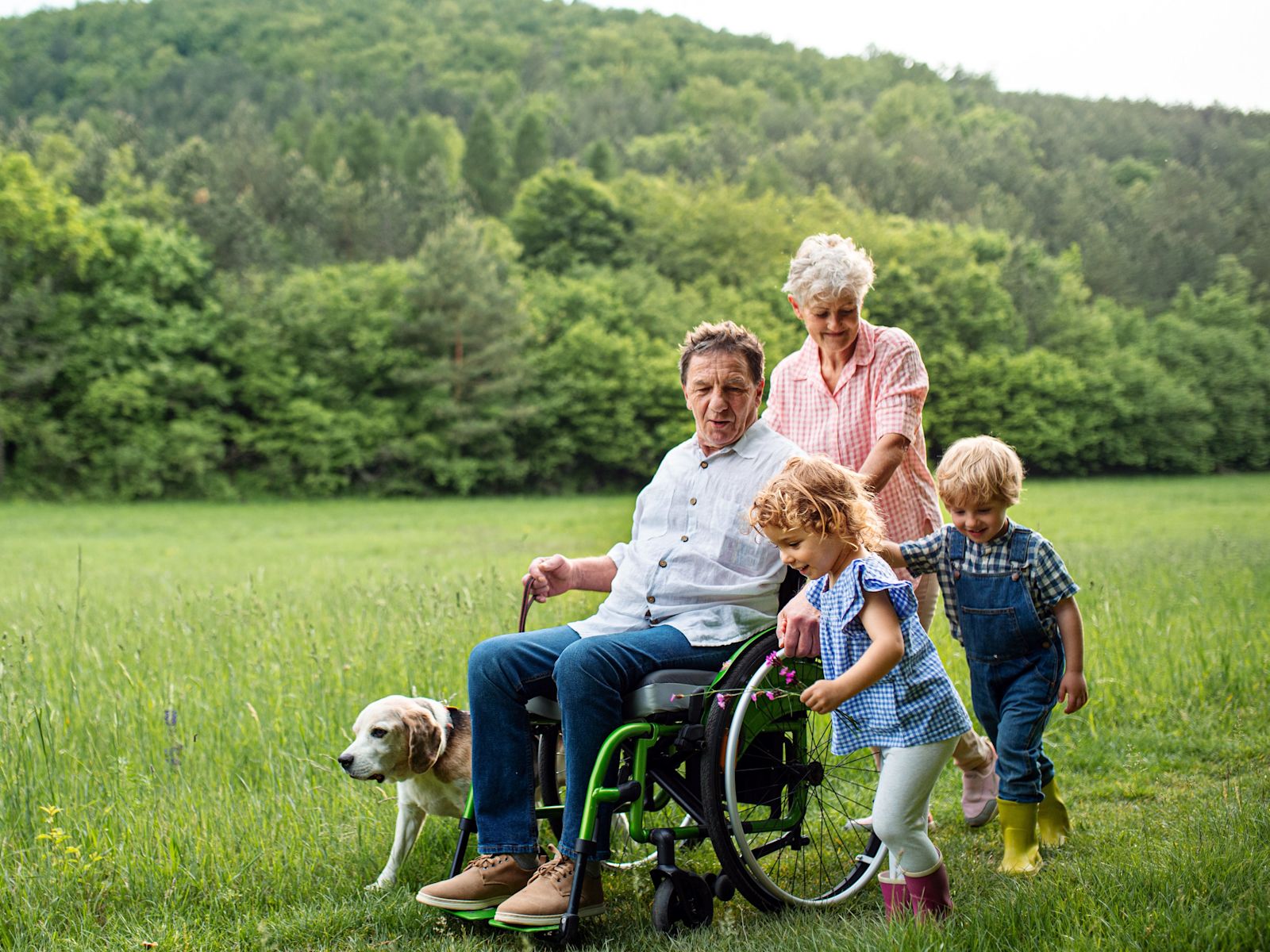 A family and a wheelchair user in a field