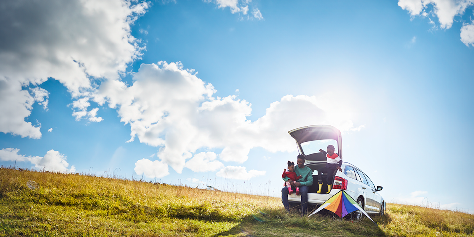 man with two children in their car in a green field with a kite