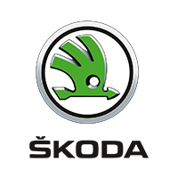 Logo of the Skoda car company, a green winged arrow in a silver circle