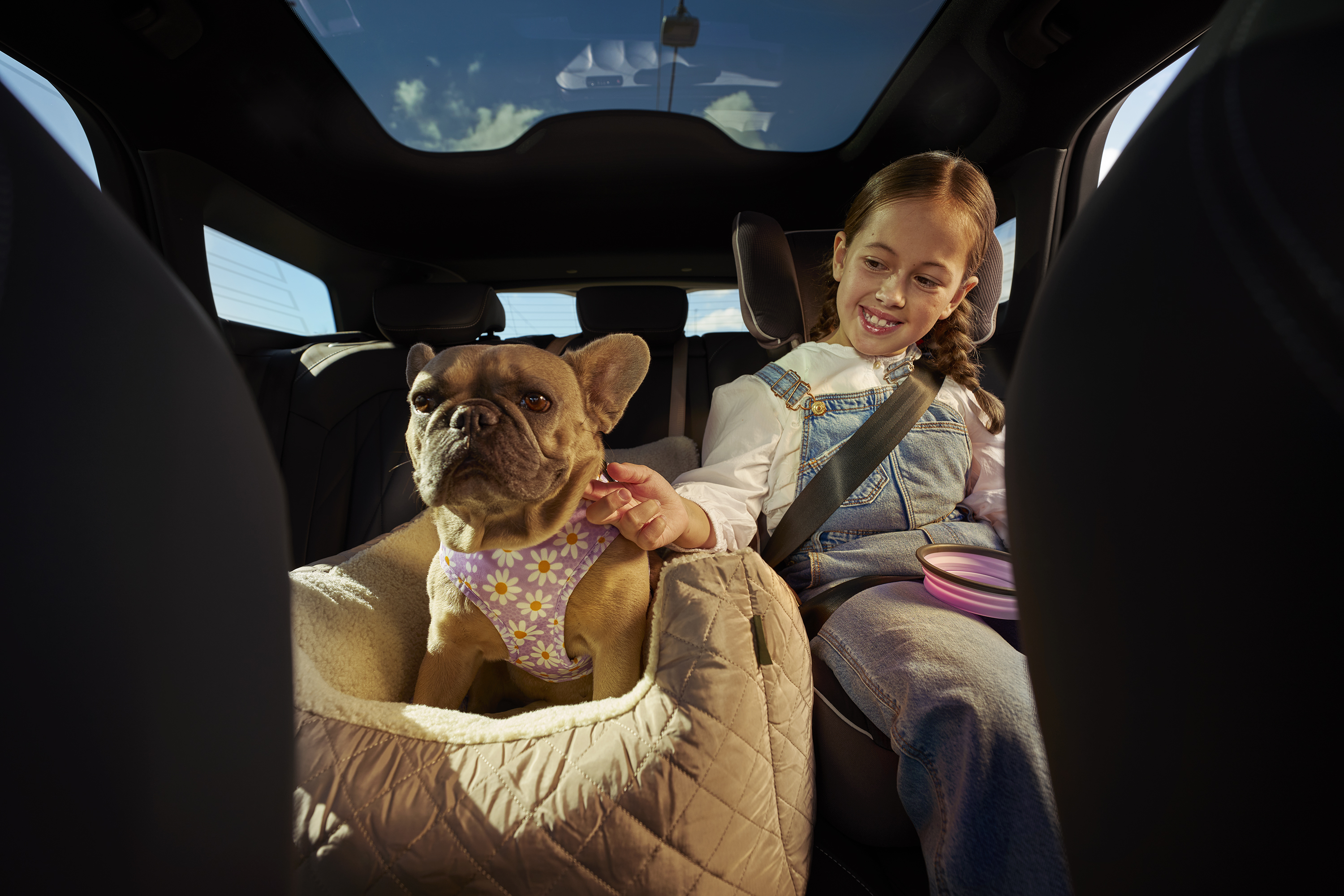 Girl in car with dog 