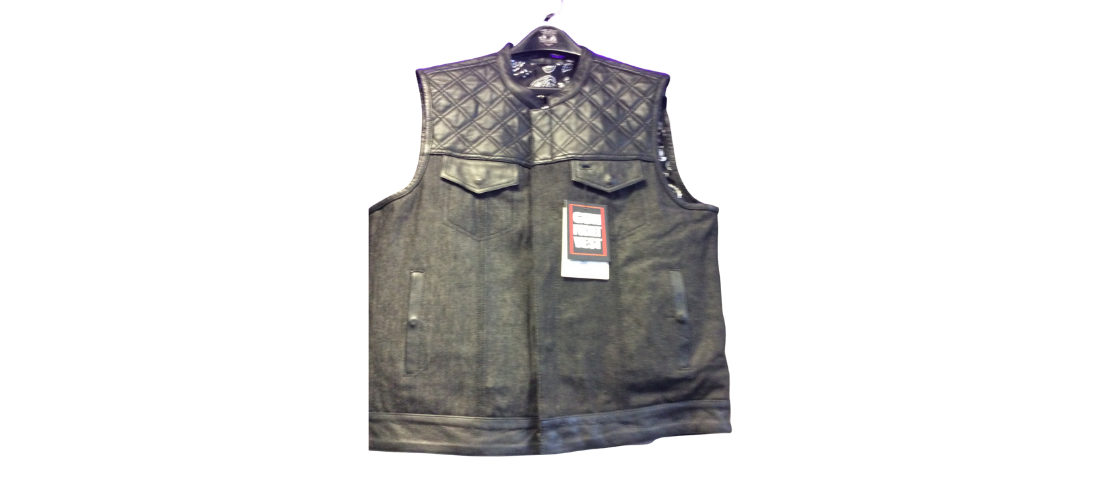 Mens Denim & Cowhide Leather Diamond w/ Black Stitch Club Vest 