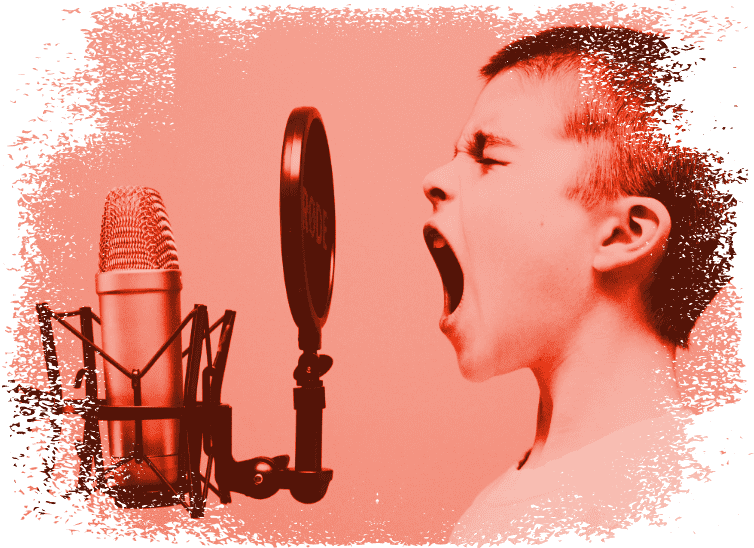 A boy in front of microphone