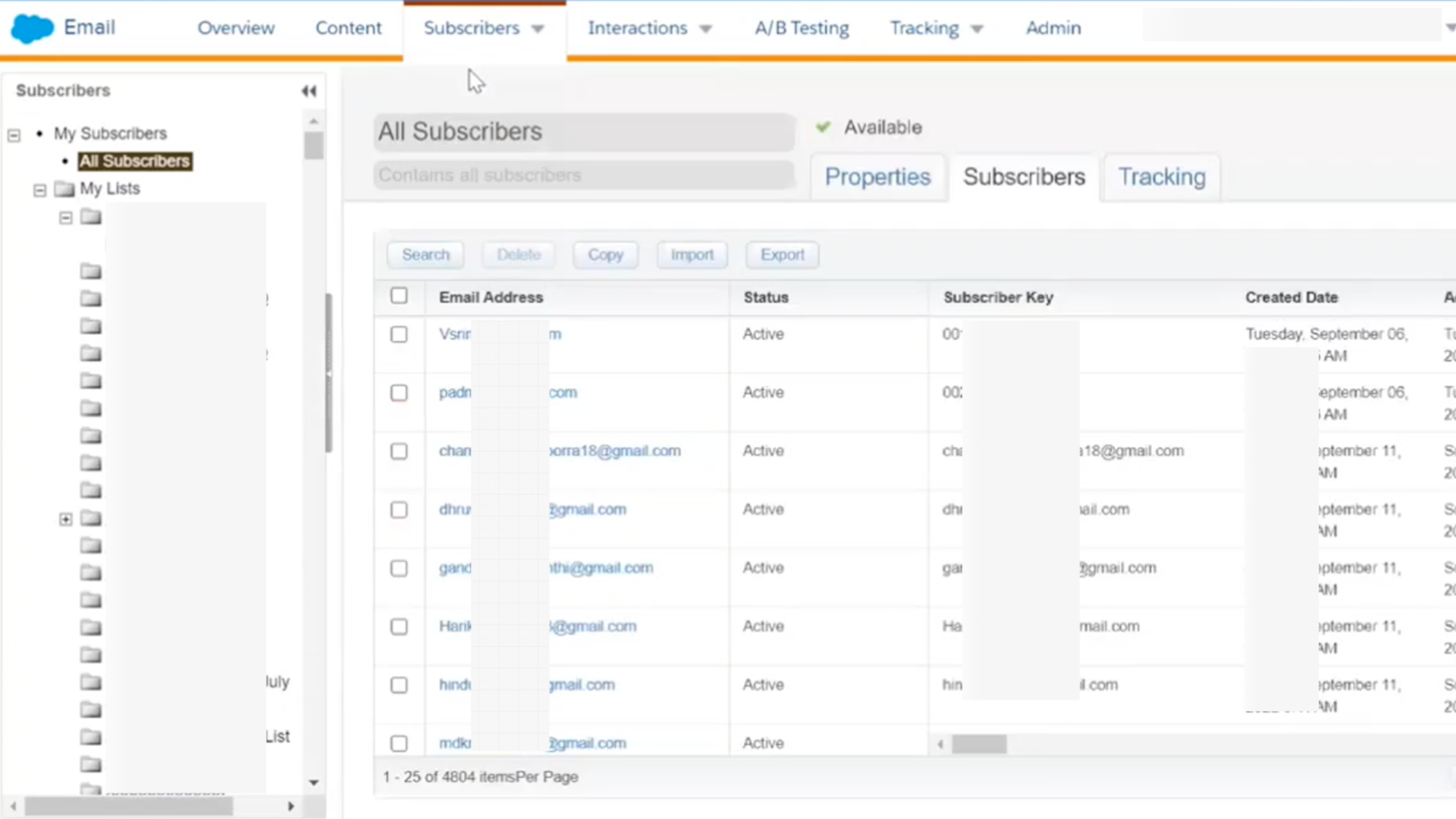 SFMC All Subscribers list view