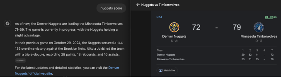 Comparison of ChatGPT Search (left) and Google search (Right) for live NBA scores.