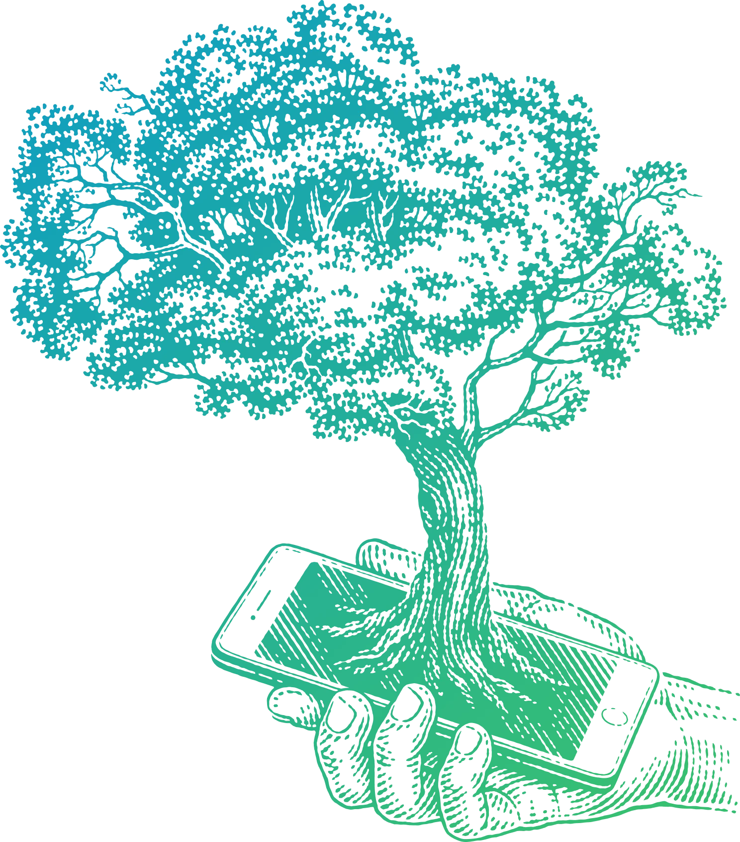 Illustrated graphic of a hand holding a phone with a tree growing from the screen