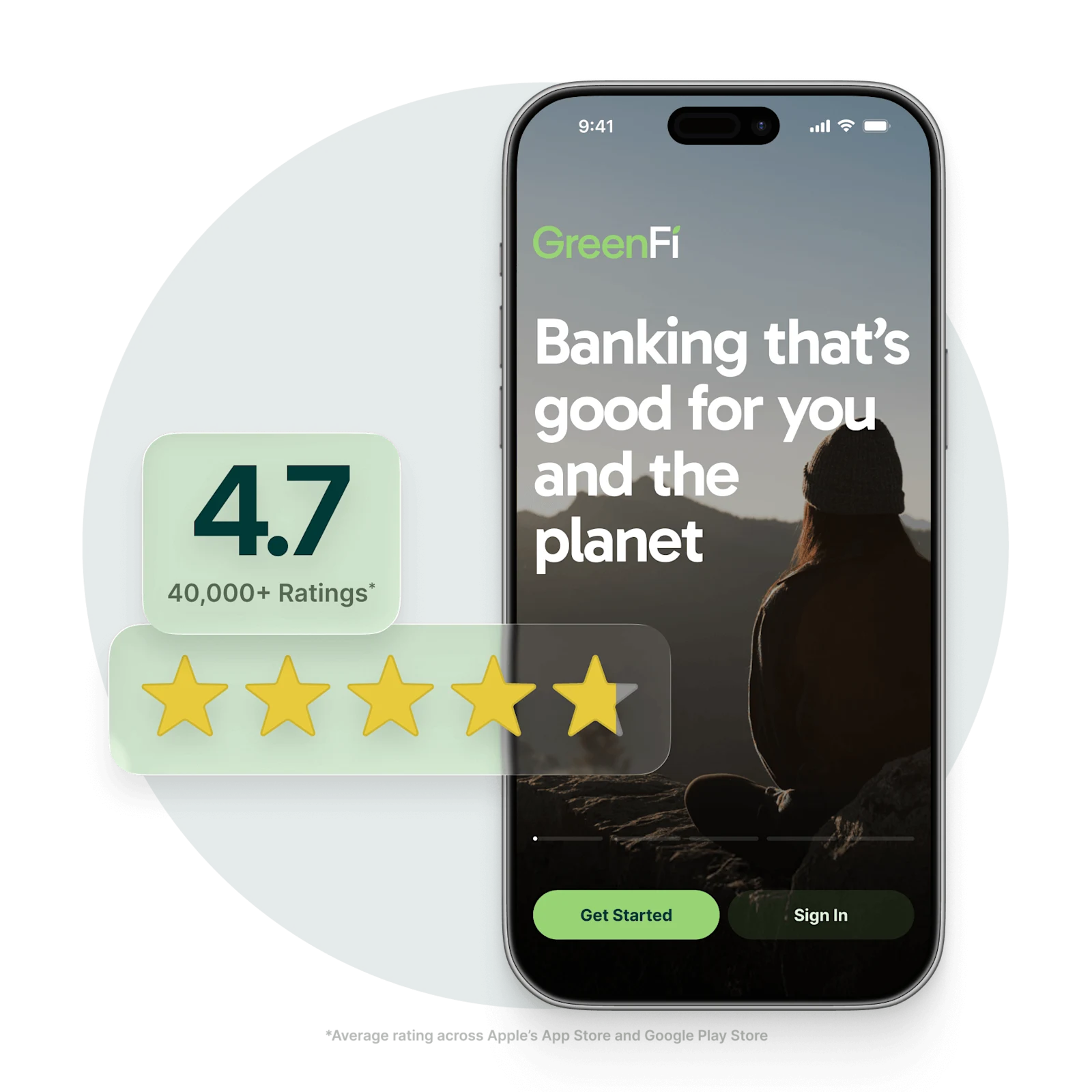 A device with the GreenFi mobile app, and a decorative visual of the app's 4.7 star rating
